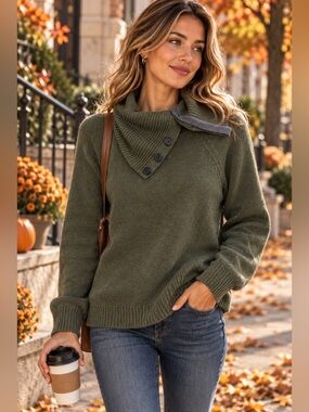 Gap Olive Green Asymmetrical Cowl Neck Button Sweater Cotton Blend Large